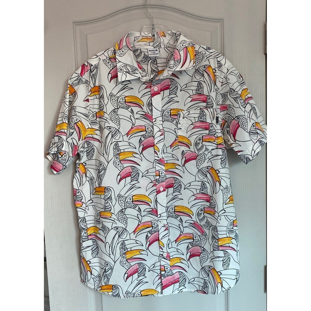 Hurley Mens Toucan Print Short Sleeve Button Down Shirt White Pink Large - Picture 9 of 9